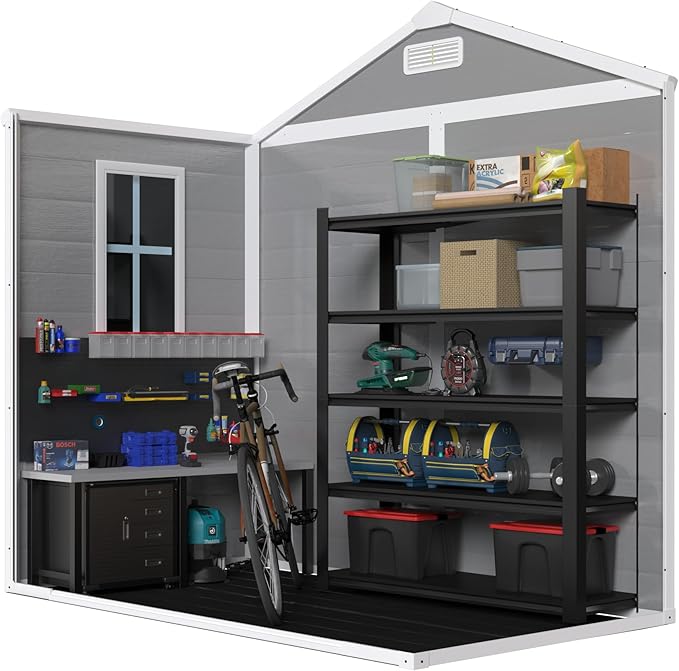 YOPTO 6x6 FT Storage Shed Garden House with Lockable Doors and Vents Waterproof Resin Outdoor Tool Cabinet W/Floor & Window,for Bicycles,Lawnmowers,Lawn,All Weather Use,Gray
