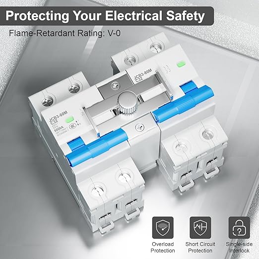 32 Amp Dual Power Manual Transfer Switch, with IP65 Protection Box, 2Pcs 2-Pole Circuit Breakers with Single-Side Slide Lock, DIN Rail and Waterproof Joints Included, Ideal for Industrial and Home Use