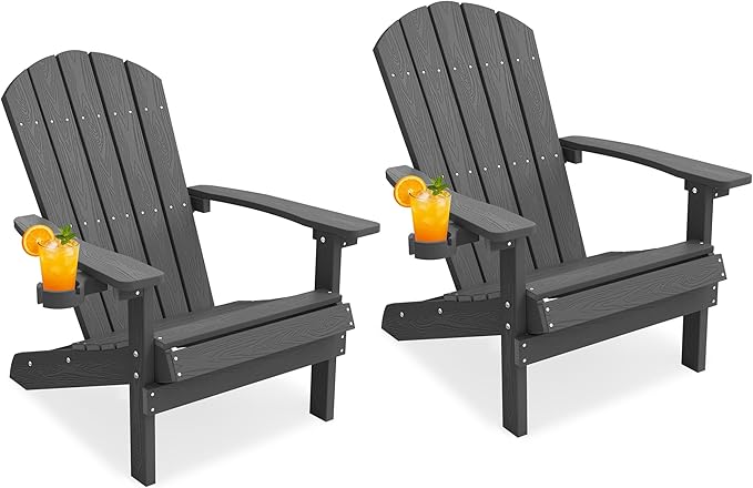 YEFU Adirondack Chairs Set of 2 Plastic Weather Resistant, Outdoor Chairs with Cup Holder, Like Real Wood, Widely Used in Outdoor, Patio, Fire Pit, Deck, Outside, Campfire Chairs (Dark Grey)