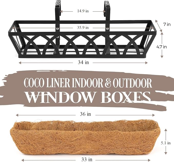 36IN Window Box Railing with Adjustable Brackets, Hanging Flower Planter Basket with Coco Liner for Outdoor Balcony Porch Fence Patio (Black - Set 4)
