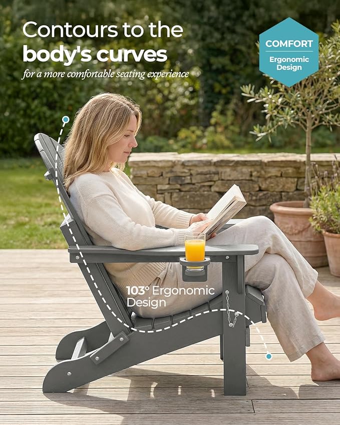 Ciokea Folding Adirondack Chair Wood Texture 4 Pack, Patio Adirondack Chair Weather Resistant, Plastic Fire Pit Chair with Cup Holder, Lawn Chair for Outdoor Porch Garden Backyard Deck (Grey)