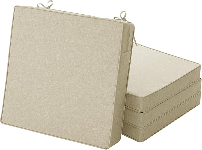 Outdoor Chair Cushions, Water-Resistant & Fade-Resistant, Patio Furniture Seat Replacement Chair Pads with Ties Zipper, Removable Cover, Non-Slip Bottom, Set of 4, 18.5 x 16 Inch, Beige