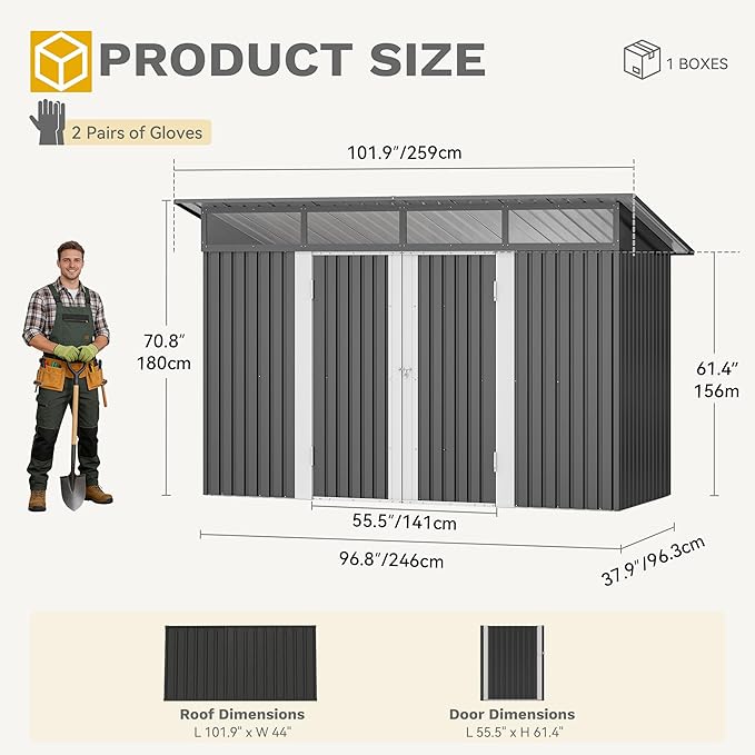 DWVO 8.5x3.5 FT Storage Shed for Bicycle, Functional Metal Tool Shelter Garden Storage Unit with Acrylic Windows, Secure Entry Lock, Water-Resistant Waste Enclosure for Outdoor Patio Garden(Dark Gray)