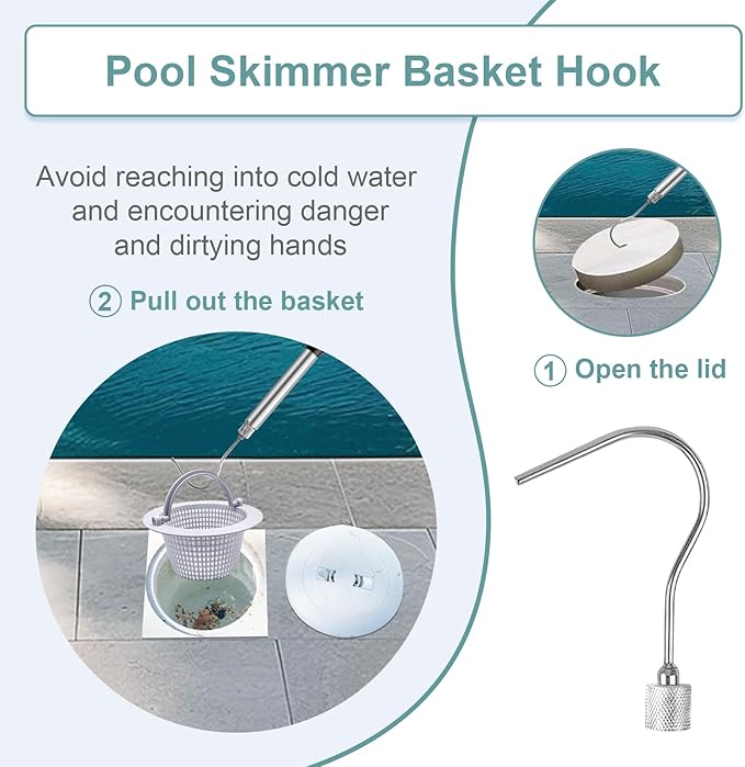 Pool Skimmer Basket Hook, 22 Inch Stainless Steel Pool Skimmer Handle, Skimmer Basket Handle, Pool Basket Lid Lifting Hook with Anti-Slip Handle for Inground Pools Skimmer Basket Debris Removal