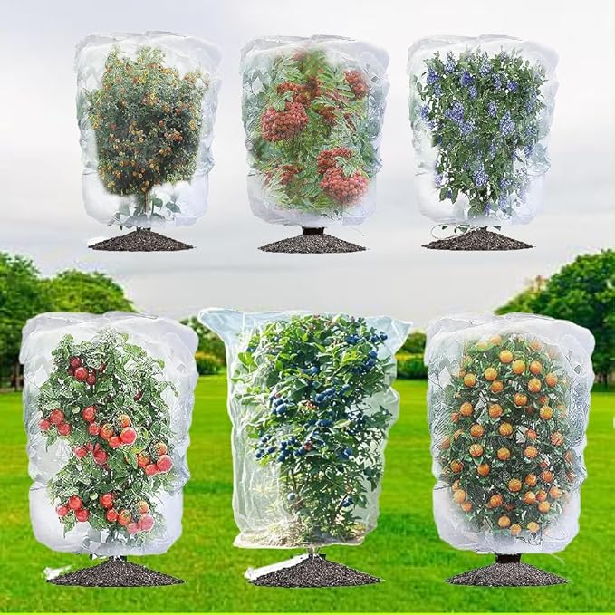 Fruit Tree Netting with Drawstring- 6 Pack 5.3x6 FT- Easy Install Plant Protection Cover, Reusable Garden Mesh Bag for Blueberry Bushes/Tomato - Block Birds/Insect/Squirrels
