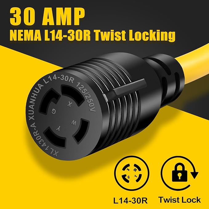 5-15P to L14-30R Power Adapter Cord, Household 3 Prong 15 Amp 5-15 Male Plug to 4 Prong 30 Amp L14-30 Female Receptacle Twsit Lock,Generator to House Inlet Box Adapter, ETL Listed