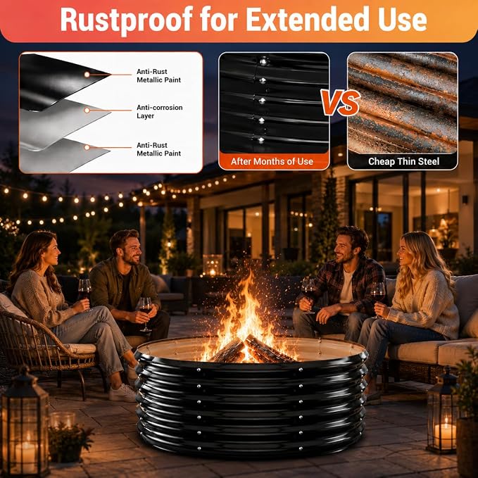 48''Large Fire Pit Ring – Outdoor Wood Burning Fire Pit for Backyard & Outside,17" Deep for Bigger Fires – Heavy Duty Galvanized Steel with High Heat-Resistant Coating for Patio, Camping & Bonfires