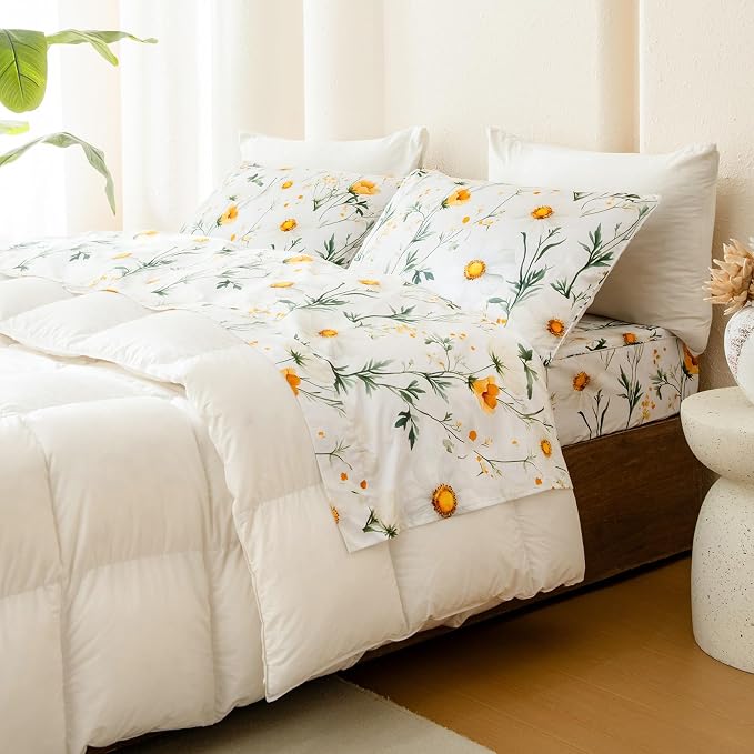 QSH 4PCs Green Floral Egyptian Cotton Sheets King Size,Yellow Platycodon Flowers Botanical Pattern Printed Bedding Sheets King Aesthetic Extra Soft and Breathable 17.5" Deep Pockets Bed Sheet