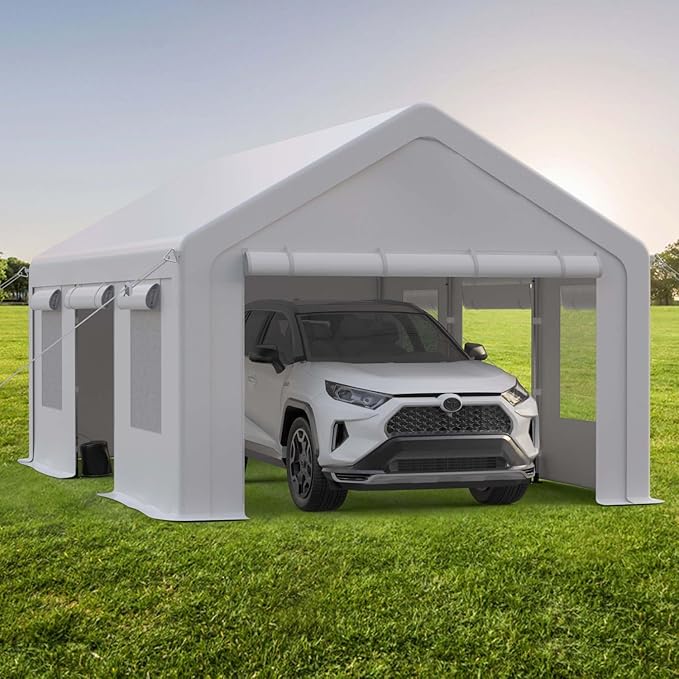 10x20FT Portable Garage, 10'x20' Carport Heavy Duty, Galvanized Frame & 180 g PE Waterproof Canopy, with 4 Doors (Included 2 Side Doors), and 4 Windows, for Pickup Truck, and Boat