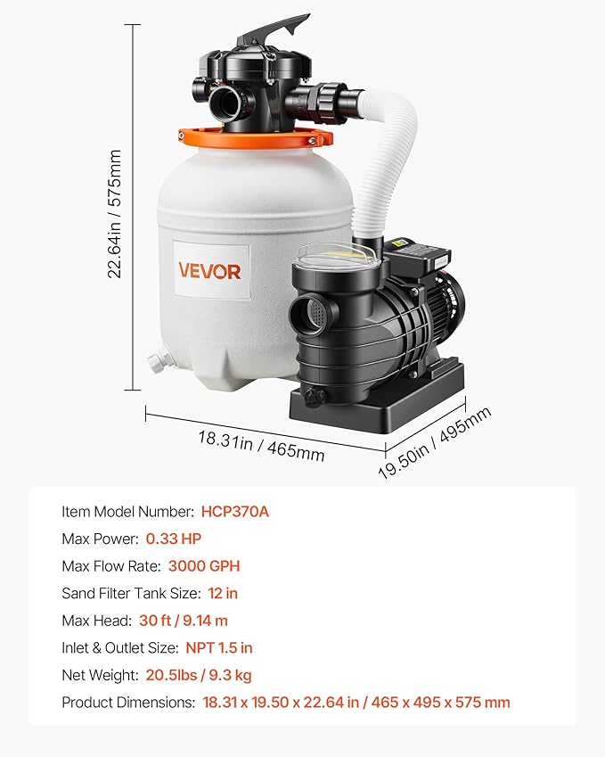 VEVOR 12" Sand Filter Pump for Above Ground Pools Up to 15000 Gallons, 0.33 HP 3000 GPH Pool Filtration System, Pre-Assembled Core for Easy Setup, Leak-Resistant Design & 6-Way Valve