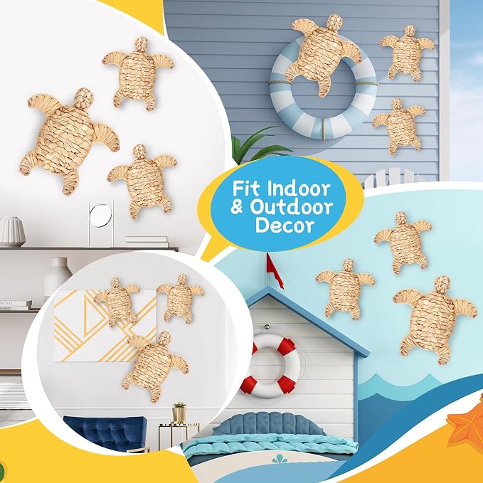 Threehoney 3 Pcs Sea Turtle Beach Theme Decor 3 Size Handmade Wicker Turtle Wall Decor Sea Life Hanging Wall Art Coastal Nautical Sculpture Table Decoration for Boho Bathroom Indoor Outdoor Ornament