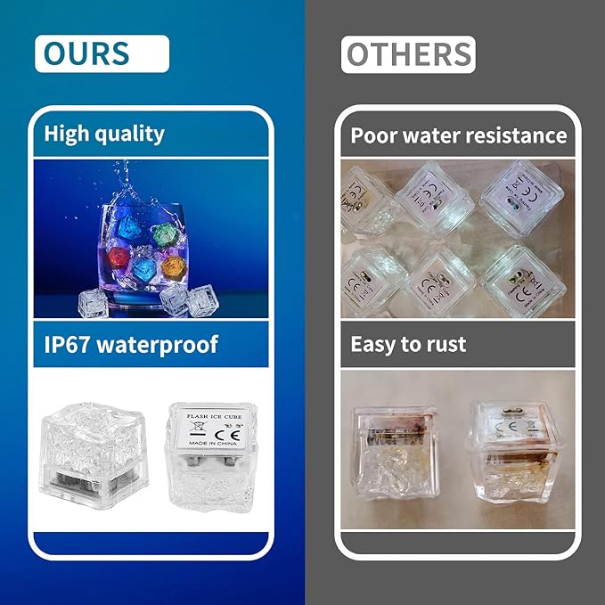 Light Up Led Ice Cubes - 24 Pack Multi Color Glow in the Dark, Reusable Flashing Ice Cubes for Club Bar Party Wedding Decor, IP67 Waterproof