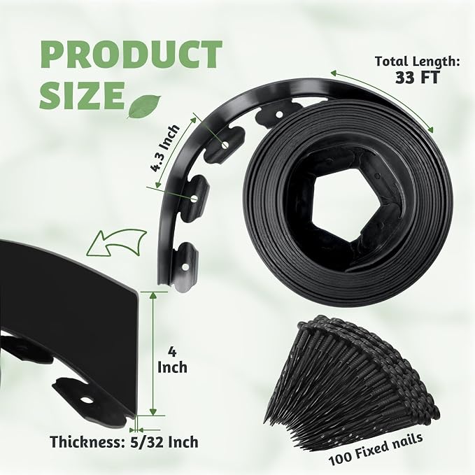 Landscape Edging - 4" High x 33 FT, Plastic Garden Edging Border with 100 Plastic Spikes, No Dig Lawn Edging for Lawn, Flower Beds, Yard, Garden Bed and Landscaping