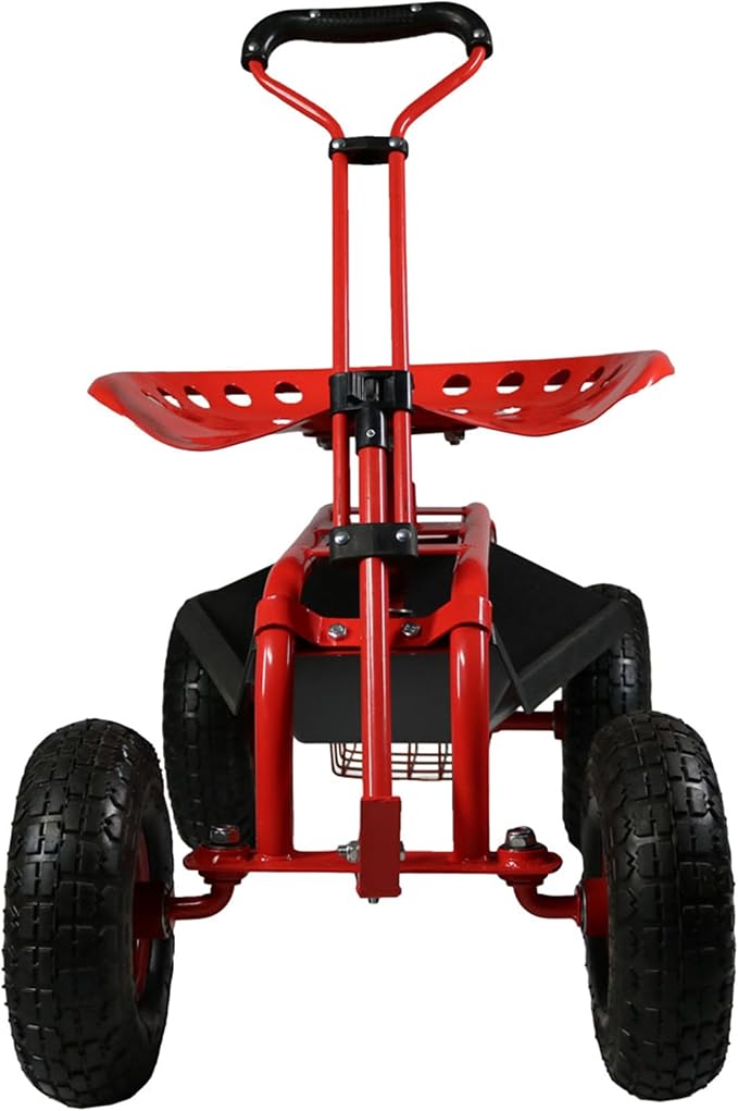 Sunnydaze Garden Seat with Wheels - Rolling Gardening Seat - Garden Stool on Wheels with Adjustable Handle and Utility Tray - Red