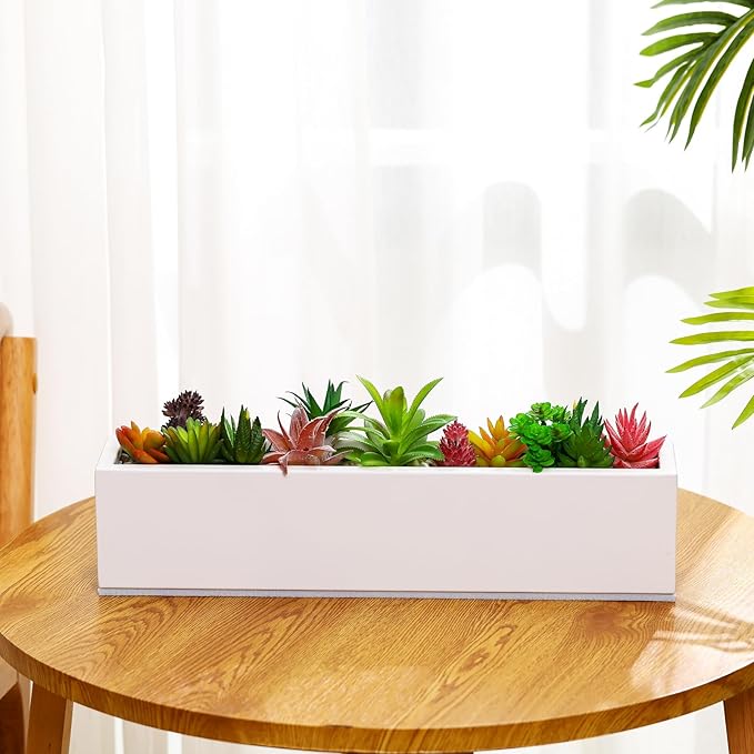 FillTouch 1 Pcs Long Rectangular Planter Box Window Sill Plant Box Metal Water Trough Indoor Large Modern Steel with Drainage Holes Herb Garden Home (16.1 x 3.2 x 3.5 Inch,White)