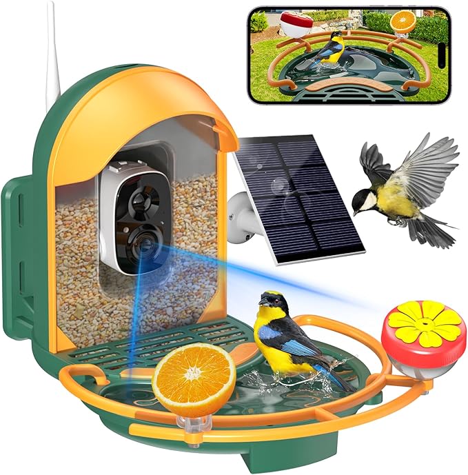 Bird Feeder with Camera, 2K HD Camera Birds Feeder with Bath Wireless Outdoor, Solar Powered Bird Watching with APP Control, Night Vision, Motion Detection Alerts, Birdfeeder for Backyard, Dark Green