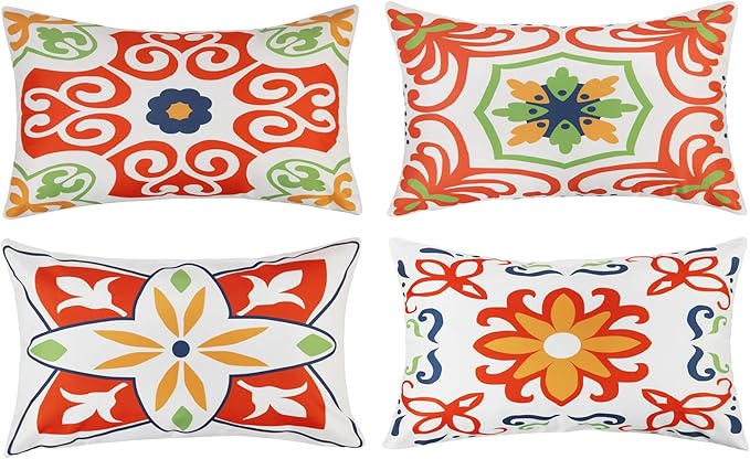 Pyonic Outdoor Waterproof Throw Pillow Covers for Patio Furniture Decorative Boho Pillow Covers 12x20 Floral Printed for Patio Tent Couch Garden Set of 4,Orange
