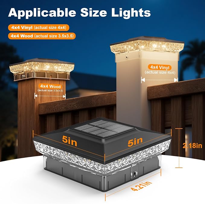 APONUO Solar Post Cap Lights for 4x4 Wood &Vinyl Posts, 3 Light Modes & 800mAh Battery, IP65 Waterproof Rugged Unibody, Solar Outdoor Lights for Fence, Deck & Patio (Black, 12 Pack)