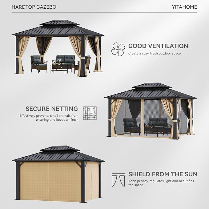 YITAHOME 10X12FT Hard Top Metal Gazebo Patios Double Roof Canopy Aluminum Frame Garden Gzebo Tent Curtains Netting for Patios Backyards Decks Lawns Brown