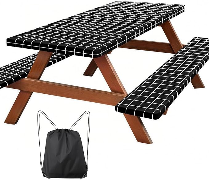 Picnic Table Cover with Bench Covers, Fitted 6ft Waterproof Tablecloth Set for Outdoor Camping & RV - Includes 1 Table Cover & 2 Bench Covers with Drawstring Storage Bag, 30"x72", White Black Grid