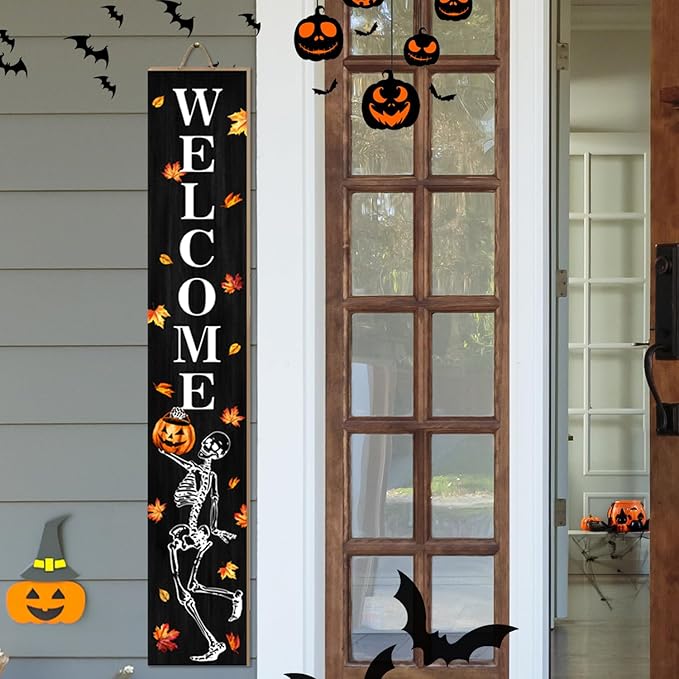 Funny Skull Porch Sign Halloween Skeleton Welcome Sign for Patio, Fall Decorations Wooden Front Door Signs Outdoor Pumpkin Standing Yard Sign Seasonal Vertical Signs for Holiday Wall Party Decor