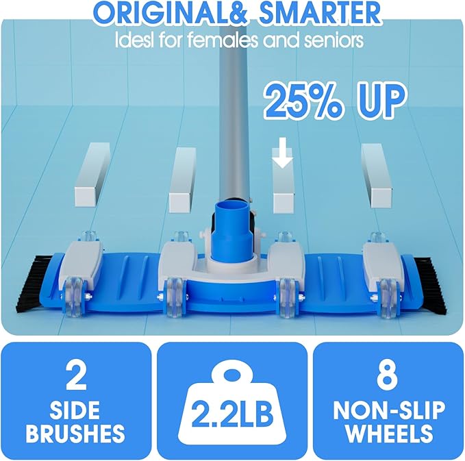 2026 TidyMister Pool Vacuum Head with Swivel Handle - 16in Eazy-to-Use Daily Cleaning Vacuum Head with Side Brushes and Wheels and Hose Connect for 1-1/4in or 1-1/2in for Inground & Above Ground Pools