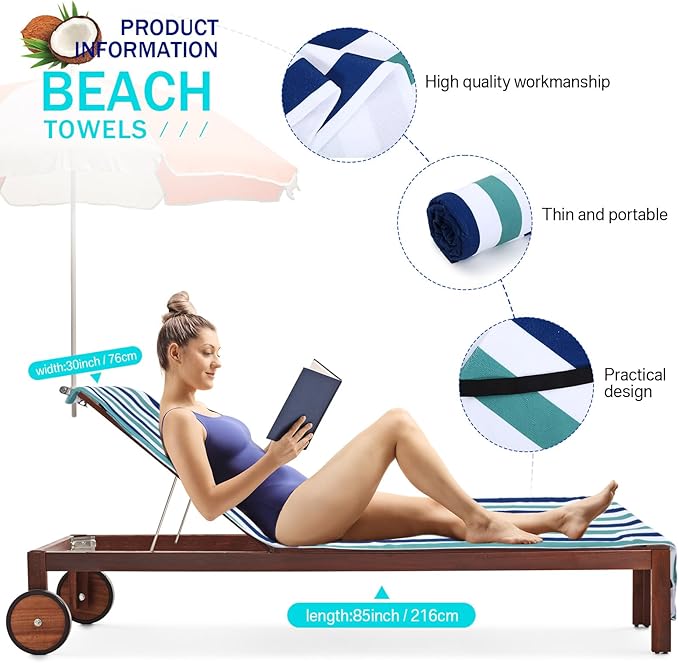 Fumete 2 Pack Lounge Chair Covers 30 x 85 Inch Pool Chaise Lounge Towels Microfiber Beach Chair Towel Portable Striped Outdoor Patio Furniture Cover for Sunbathing Picnic Spa(Teal Blue)