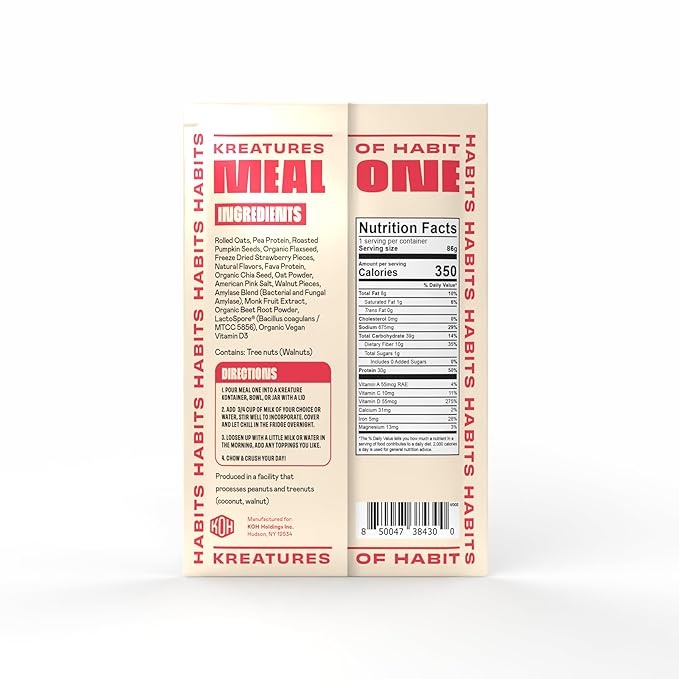 Kreatures of Habit MEAL ONE | Overnight & Instant Superfood Protein Meal Replacement | Gluten Free, Dairy Free, 30g of Plant Based Protein, With No Added Sugar | Strawberry Walnut Cream | Pack of 7