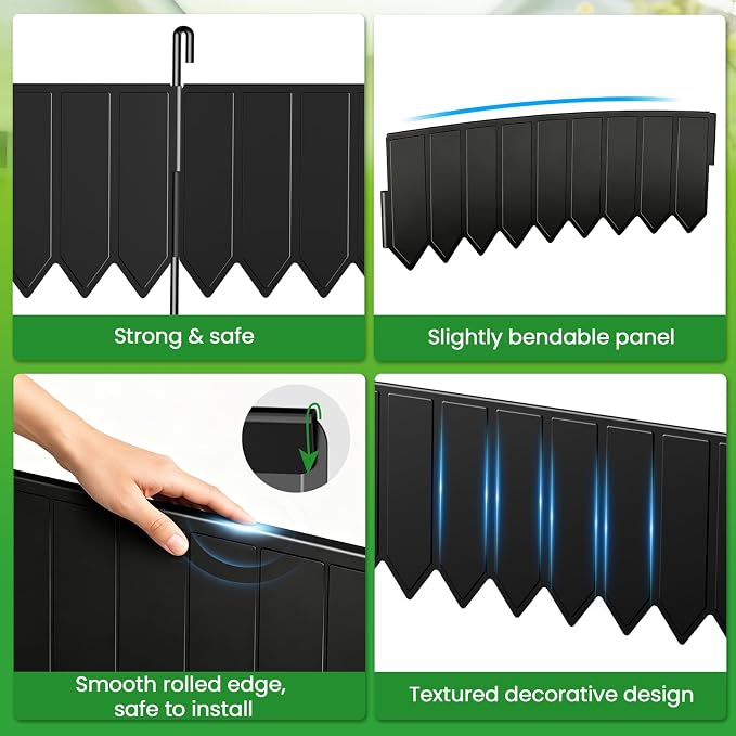 15 Panels Metal Landscape Edging, 6.2in (H) x 20 ft (L)–No Dig Garden Edging with 16 Stakes, Modular Adjustable 0-270°for Tree Rings & Yard Pathways, Matte Finish, Anti-Rust Metal Garden Border(Black)