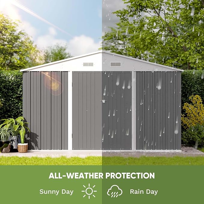 Patiowell 10 x 8 FT Outdoor Storage Shed with Floor Frame, Garden Metal Shed with Sloping Roof and Lockable Door, Large Tool Outside Sheds for Backyard Garden Patio Lawn, Gray