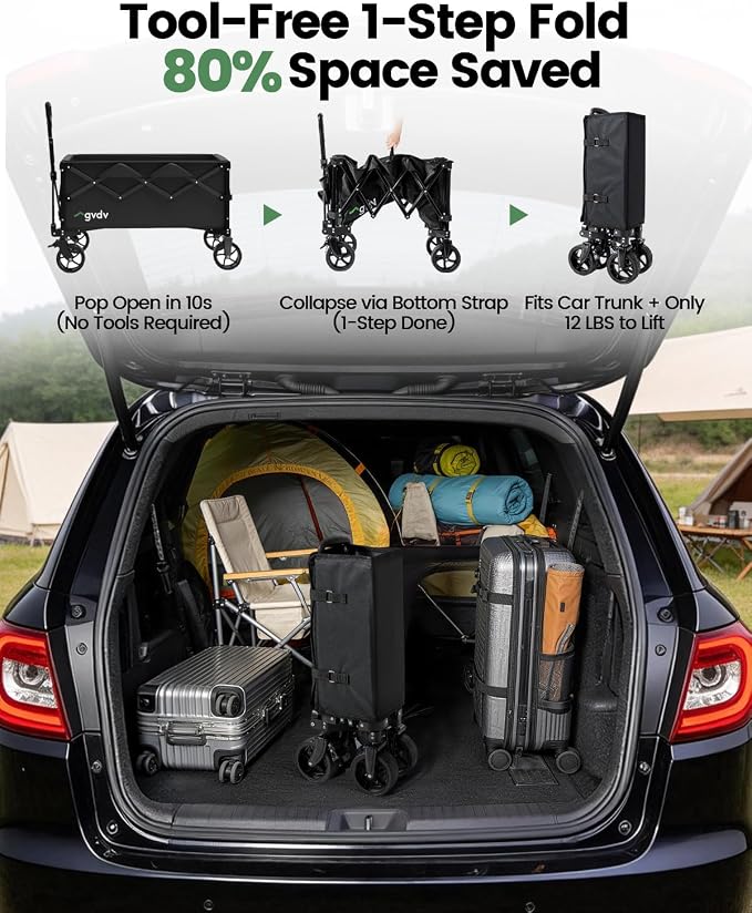 GVDV CW35 Wagons Carts Foldable, 42-Inch Extended Handle Collapsible Utility Wagon with Wheels, Shopping Cart, 330LBS Heavy-Duty Cart for Groceries, Camping, Beach, Garden, Sports