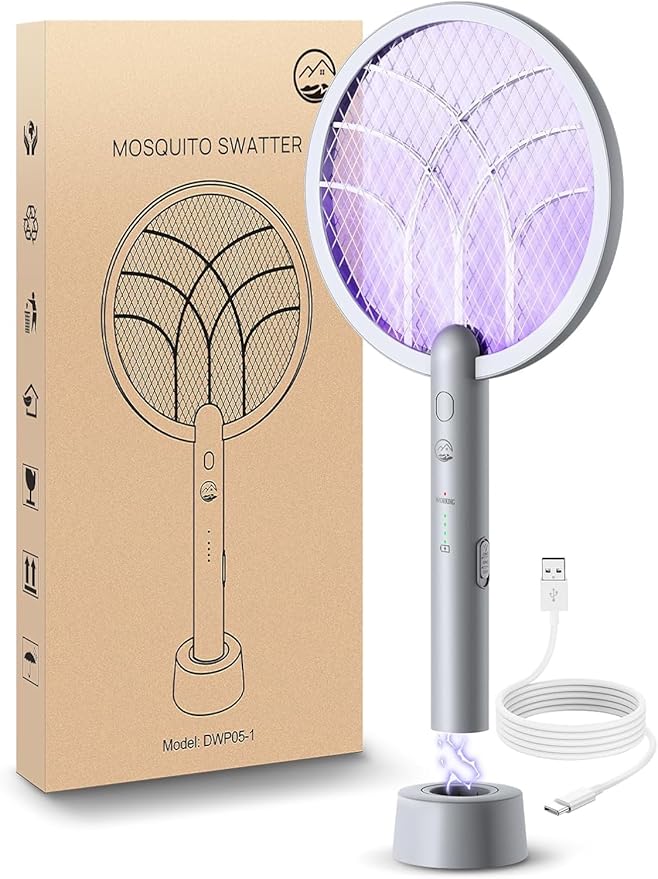 Mosiller Electric Fly Swatter Racket, 4000V Bug Zapper with 1800mah Rechargeable Battery & Dual Modes, 2 in 1 Purple Mosquito Light Killer with 3-Layer Safety Mesh for Indoor Home Patio Camp(1 Pack)