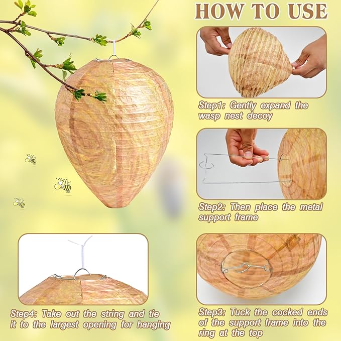 ZeeDix 4 Pack Hanging Paper Fake Wasp Nest Decoy for Outdoor, Home and Garden(8.66"×11",Warm Color)