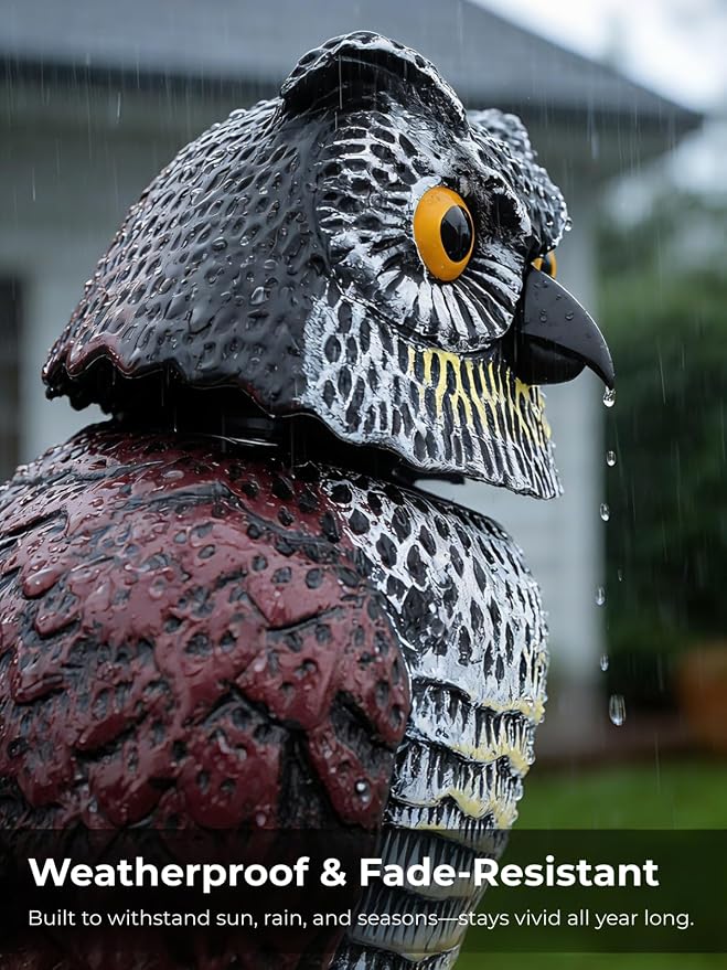 Garden Fake Owl Sculpture with 360° Rotating Head, Waterproof Moving Garden Owl, Outdoor Statue for Yard Patio Balcony Roof Barn Driveway