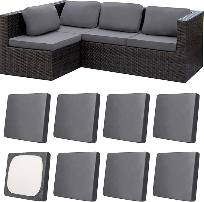 8Pcs Patio Cushion Covers,Outdoor Cushions Covers,Stretch Cushion Covers Replacement, Washable and Reusable Furniture Protectors(Grey)
