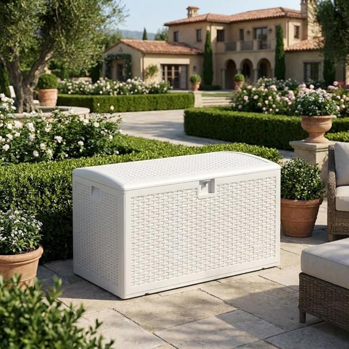 CABIHOME Outdoor Storage Box 73 Gallon Waterproof Large Resin Deck Box Indoor Outdoor Lockable Storage Container for Patio Furniture Cushions Garden Tools, Pool Garden, 100 Gallon, White