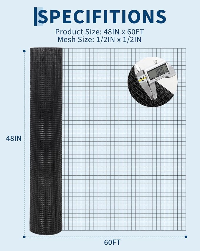 1/2 inch Hardware Cloth, 48 in x 60 ft Galvanized Wire Mesh Roll, 19GA Chicken Wire Fence Roll, Metal Wire Mesh for Chicken Coop Barrier, Rabbit Snake Fences, Poultry Enclosures, Animal Netting