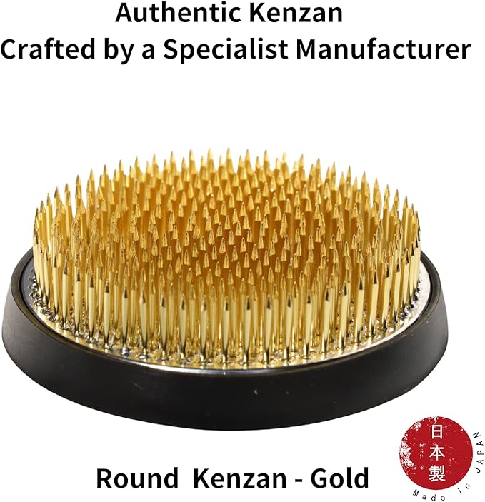 Authentic Japanese Round Kenzan Flower Frog – Made in Japan Ikebana Pin Holder for Flower Arranging (Round 3.1 in, Gold)