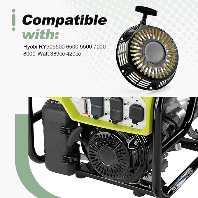 Recoil Starter Assembly with Pull Cord Compatible with Ryobi RY905500 Generator 6500 5500 7000 8000 Watt 389cc 420cc
