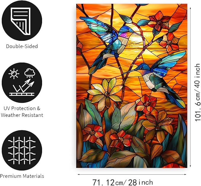 Stained Glass Hummingbird Garden Flag Spring Summer House Flag Fall Floral Decorative Yard Flags for Outside 28x40 Double Sided Large Seasonal Lawn Flags Rustic Outdoor Decor