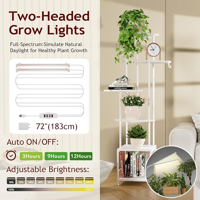 Homsorout Plant Stand Indoor with Grow Light - 6-Tier Metal Plant Shelf with Hanging Basket Hook, Corner Tall Flower Holder for Multiple Plants, Living Room Balcony Garden Patio, White