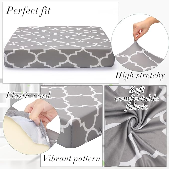 Newwiee 8Pcs Patio Cushion Covers Stretch Outdoor Cushion Cover Replacement for Patio Furniture Sofa Couch Slipcovers, Soft Flexibility Washable Furniture Protector(Vintage Line,Gray)