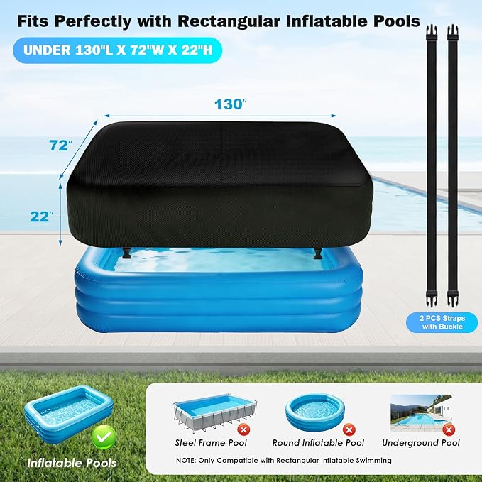 Rectangle Inflatable Pool Cover, Fits 130" L x 72" W Blow Up Pool Cover with Elastic Edge and 2 Buckle Straps, Thickened Waterproof Oxford Inflatable Pool Cover for Above Ground Pool