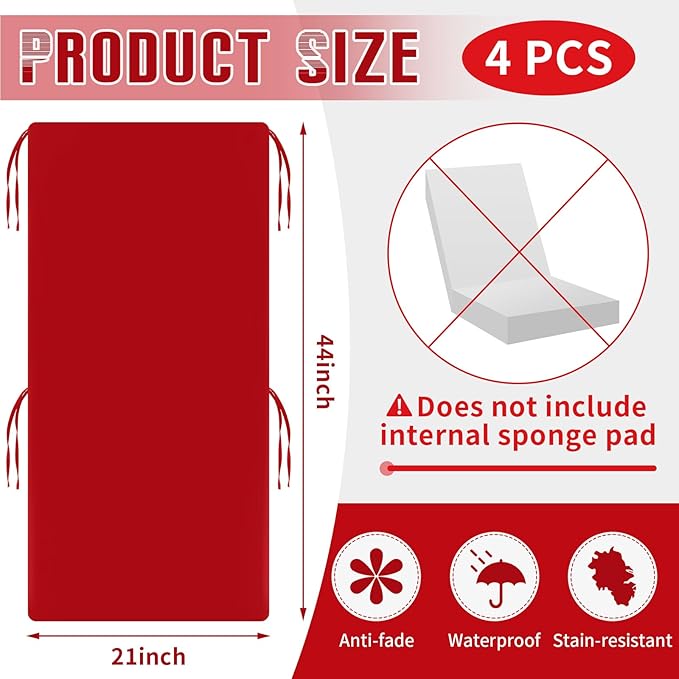 Tudomro 4 Pcs Outdoor High Back Chair Cushion Covers (Not Includes Cushion) Waterproof Patio Replacement Rocking Chair Slipcover Seat Pad Cover with Tie for Furniture (Red,44'' X 21'')
