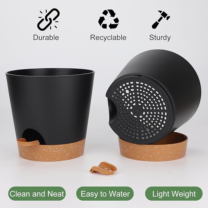 YNNICO 8-Inch Plant Pots, Self-Watering Planters with Drainage Holes & Saucers for Indoor and Outdoor Plants (2-Pack,Black)