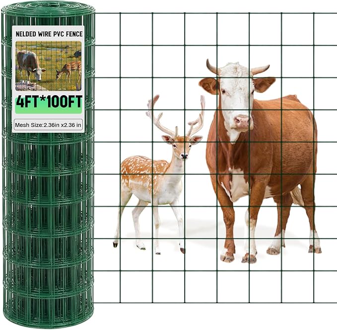 Gisafai 16 Gauge Galvanized Welded Wire Fence 4 ft x 100 ft PVC Coated Hardware Cloth, 2.36" x 2.36" Mesh, Heavy Duty Garden Fencing Roll for Chicken, Dog Yard, Deer Cattle & Animal Protection(Green)