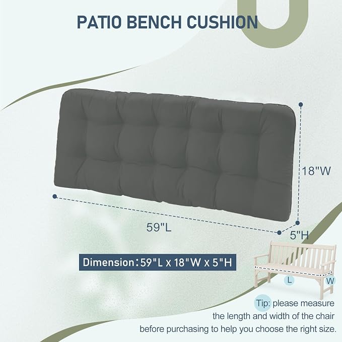 downluxe Outdoor Bench Cushion for Patio Furniture, Water Resistant Tufted Overstuffed Porch Swing Cushions, Thick Outdoor Loveseat Cushions, 59" x 18" x 5", Dark Grey, Set of 1