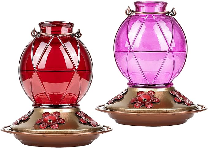 BOLITE Hummingbird Feeder, Glass Hummingbird Feeders for Outdoors Hanging, Five Feeding Ports, 20 Ounces, 2 Pack, Red and Purple, Birthday Gifts for Women Men, Gifts for Mom Dad
