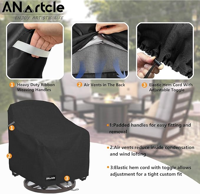ANartcle Outdoor Swivel Lounge Chair Cover 2 Pack,Waterproof Heavy Duty Lawn Patio Chair Covers,Patio Swivel Chair Covers for Outdoor Furniture (33 W x 35 D x 38.5 H inches) Black.