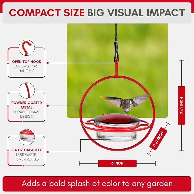 Mosaic Birds Hummingbird Feeder for Outdoors Hanging, 3.4 OZ Hummingbird Feeders, Glass Bowl with 4 Feeding Ports, Leak Proof Lid & Circular Perch, Bird Feeder (1, Red)